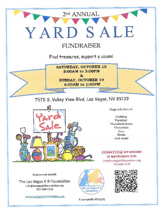 A flyer advertising the 2nd annual fundraiser yard sale for Las Vegas K-9 Foundation