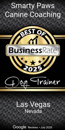 Official Best Of BusinessRate badge showing SmartyPaws as the winner for 2025 best dog trainer