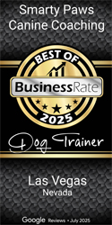 Official Best Of BusinessRate badge showing SmartyPaws as the winner for 2025 best dog trainer