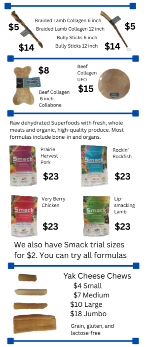 An image advertising various dog foods and treats available at the SmartyPaws store in Las Vegas
