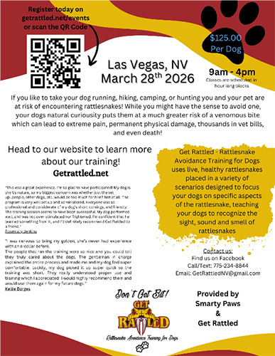 A flyer advertising the upcoming Get Rattled event in Las Vegas to train dogs on avoiding snakes. There's a QR code for registration in the upper right corner