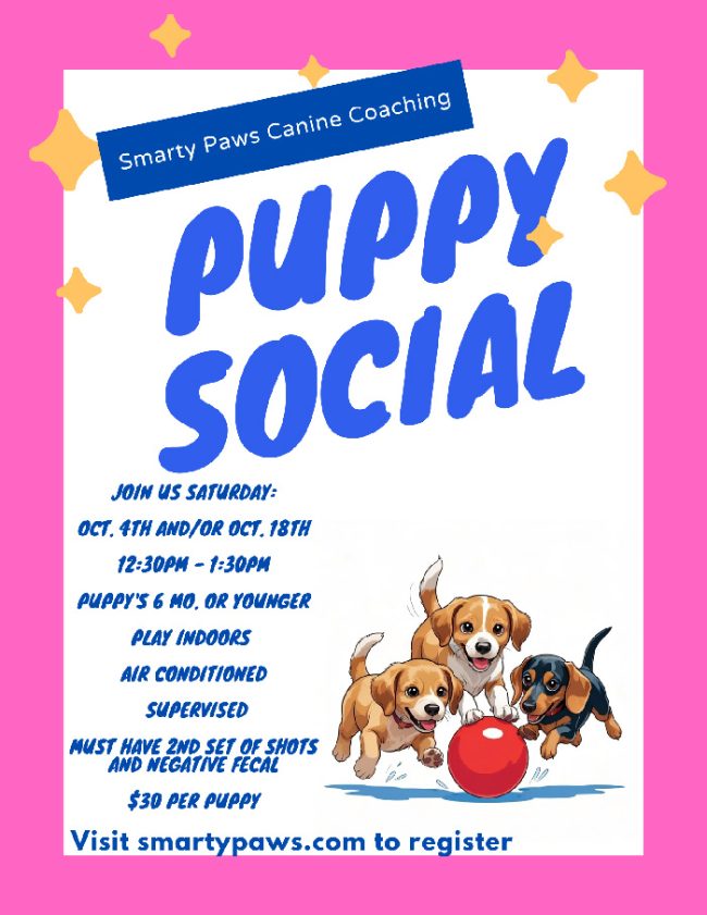 Banner showing dates and times for the SmartyPaws Puppy Social events in October 2025